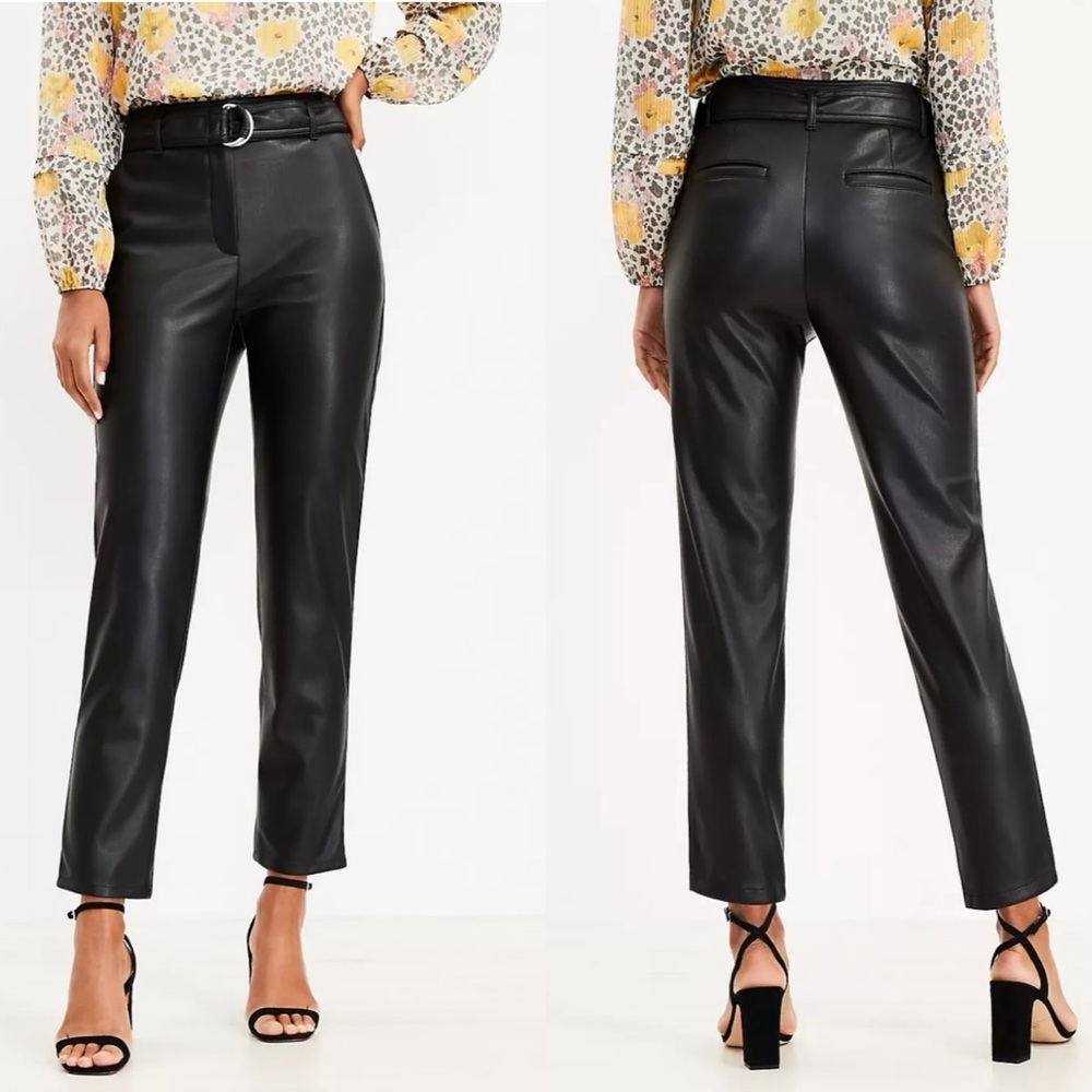 LOFT Belted Slim Taper Pants in Black Faux Leather Size 2 EUC